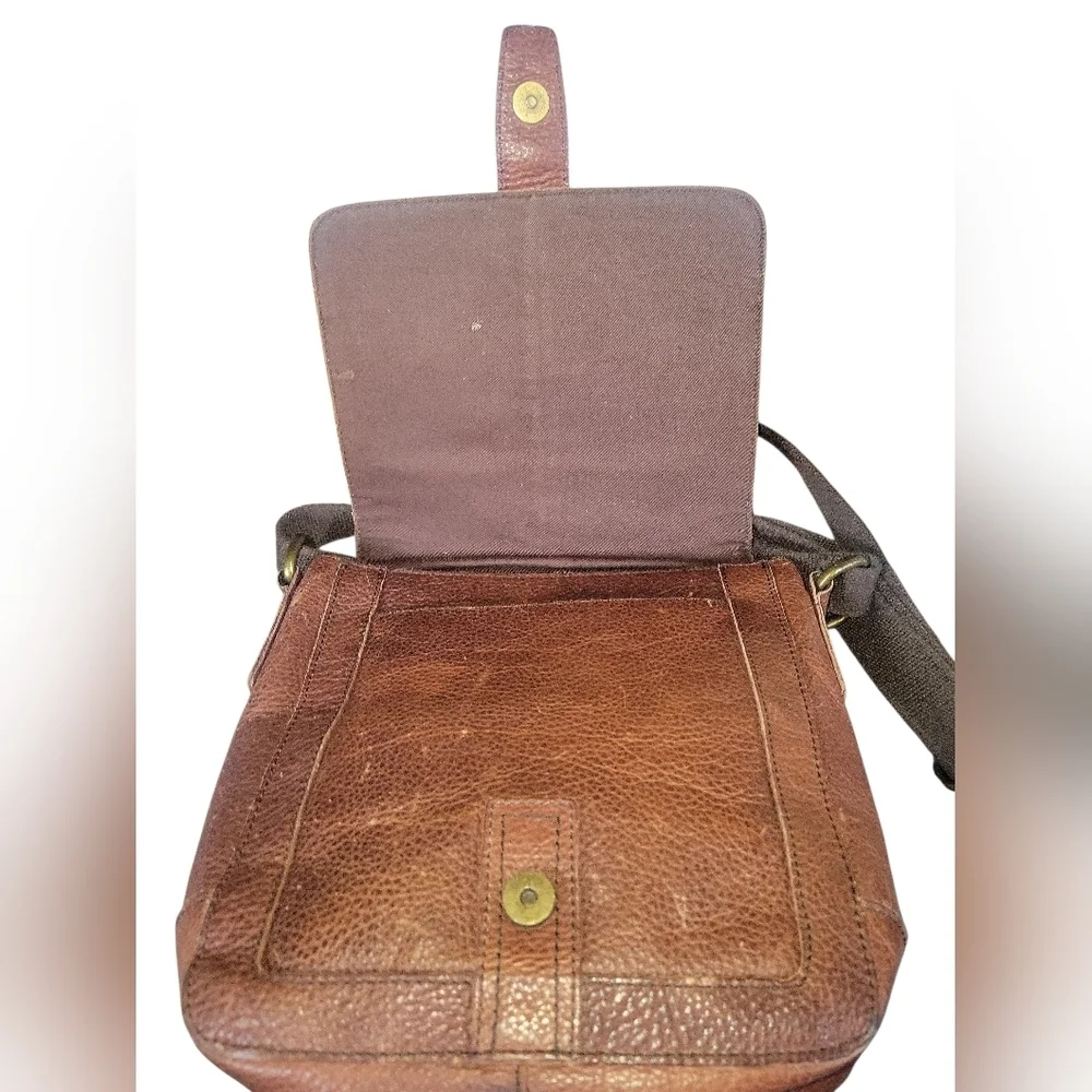 Fossil Travis City Brown Leather Vintage Messenger Crossbody With Canvas Strap